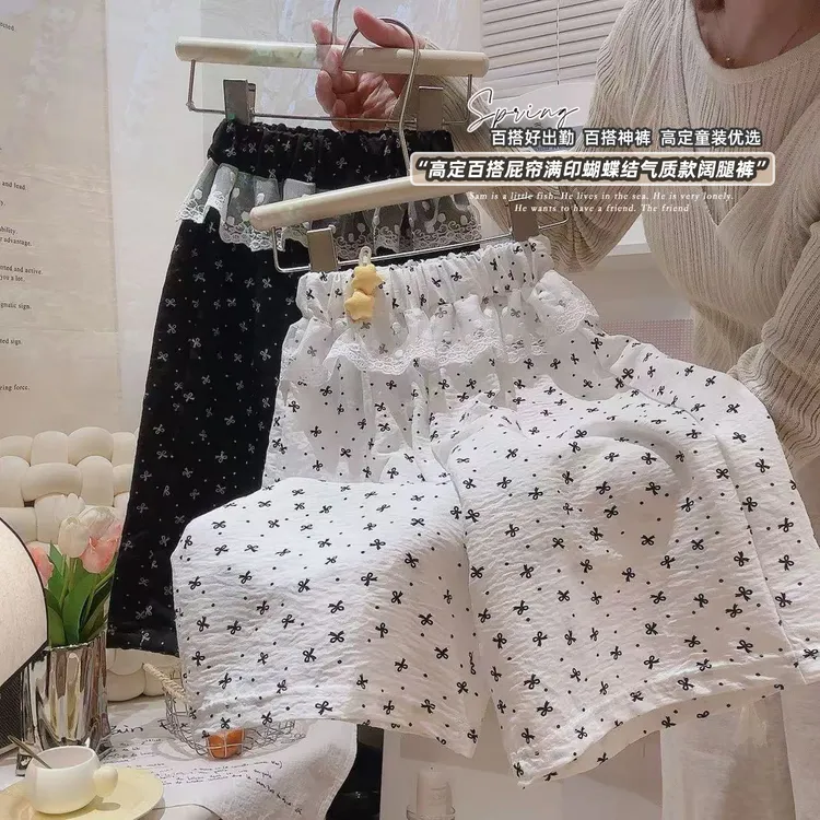 儿童防蚊裤夏季亲子阔腿裤中大童山本裤女童阔腿裤蕾丝花边休闲裤