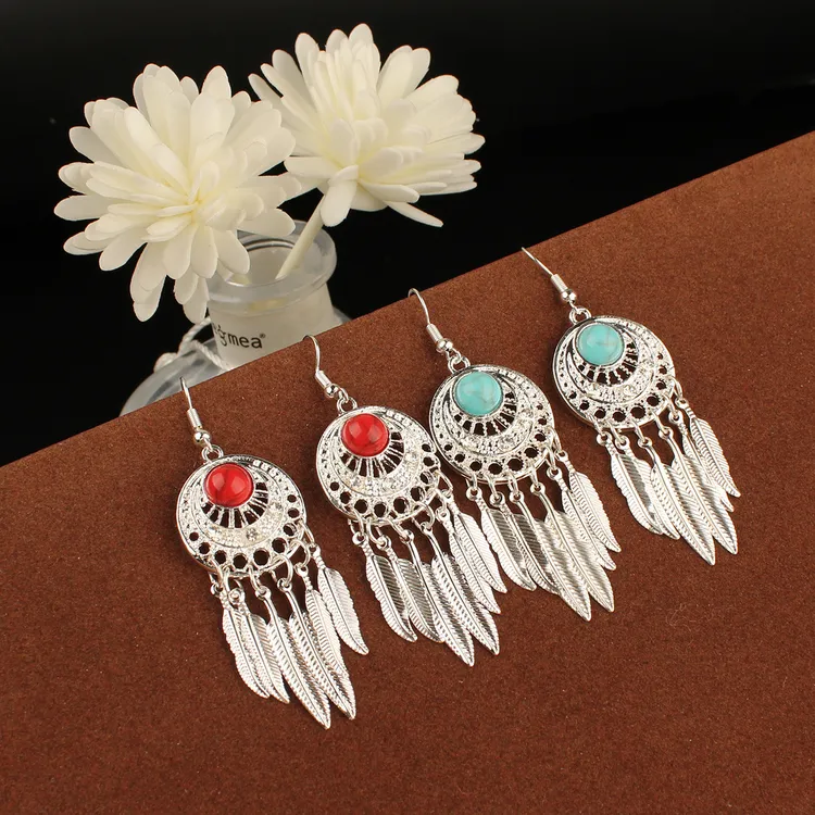 仿银波西米亚彩色松石羽毛吊坠流苏耳环名族镂空几何耳钉批发