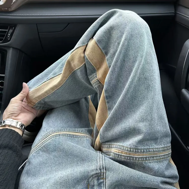 JINGJ拼接牛仔裤男春秋2025潮牌宽松美式高街痞帅炸街直筒长裤子