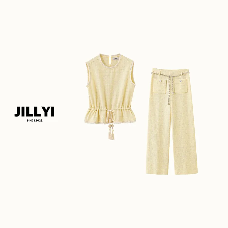 JILLYI珠海店【黄桃布丁】黄色圆领简约马甲+黄色休闲长裤休闲套装