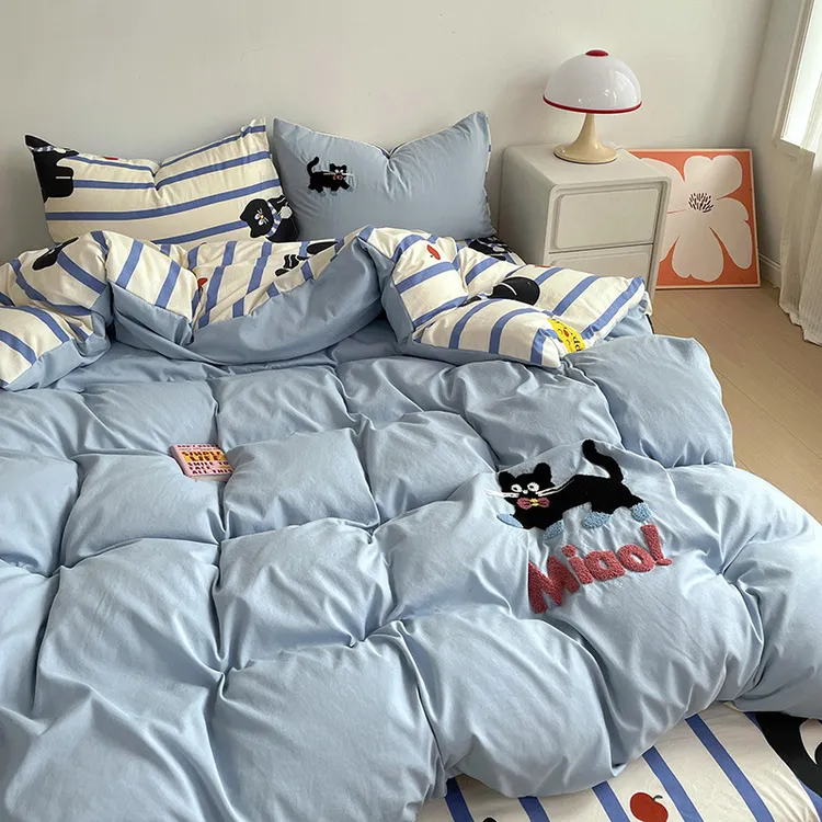 韩系in简约蓝格可爱圣诞树小猫毛巾绣三四件套床单笠被套18m15
