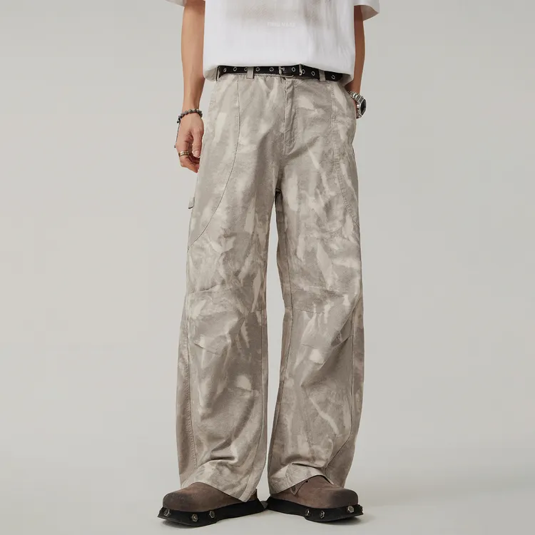 美式潮牌拼接设计感休闲裤男款春季新款宽松直筒阔腿脏脏裤伞兵裤