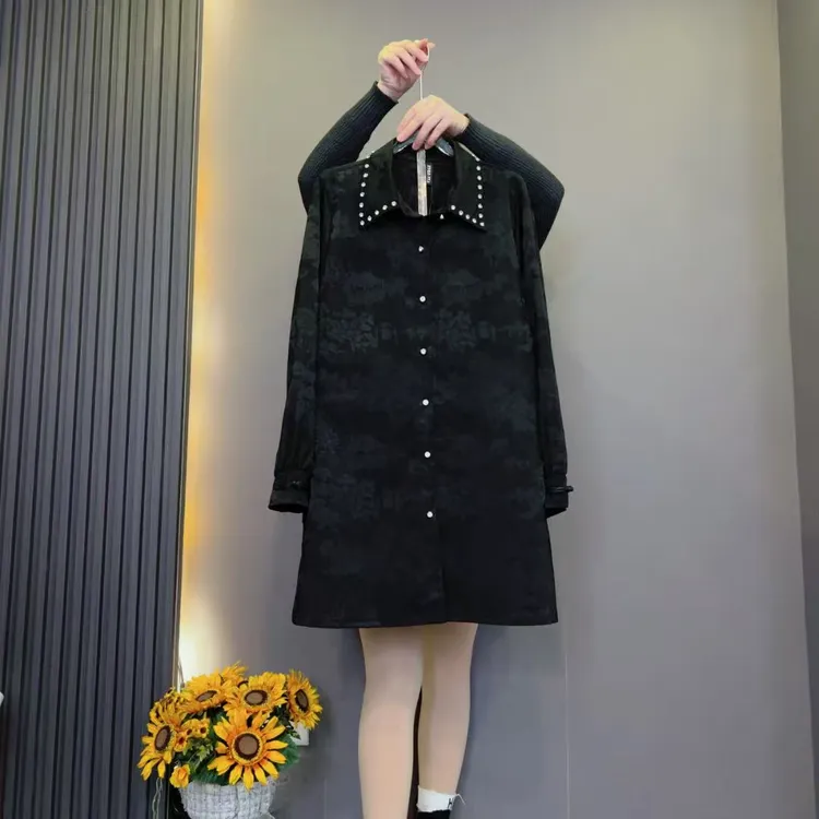 1636时尚新款缎面提花中长款长袖衬衫气质百搭减龄宽松大码女装