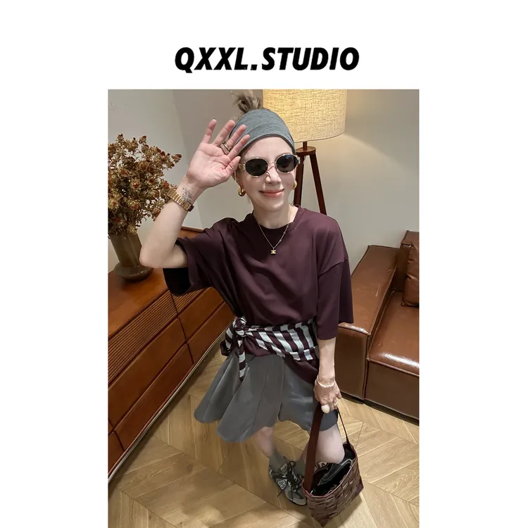 邱小小丽呀 夏季纯色短袖T恤圆领宽松显瘦百搭上衣（含条纹披肩 ）