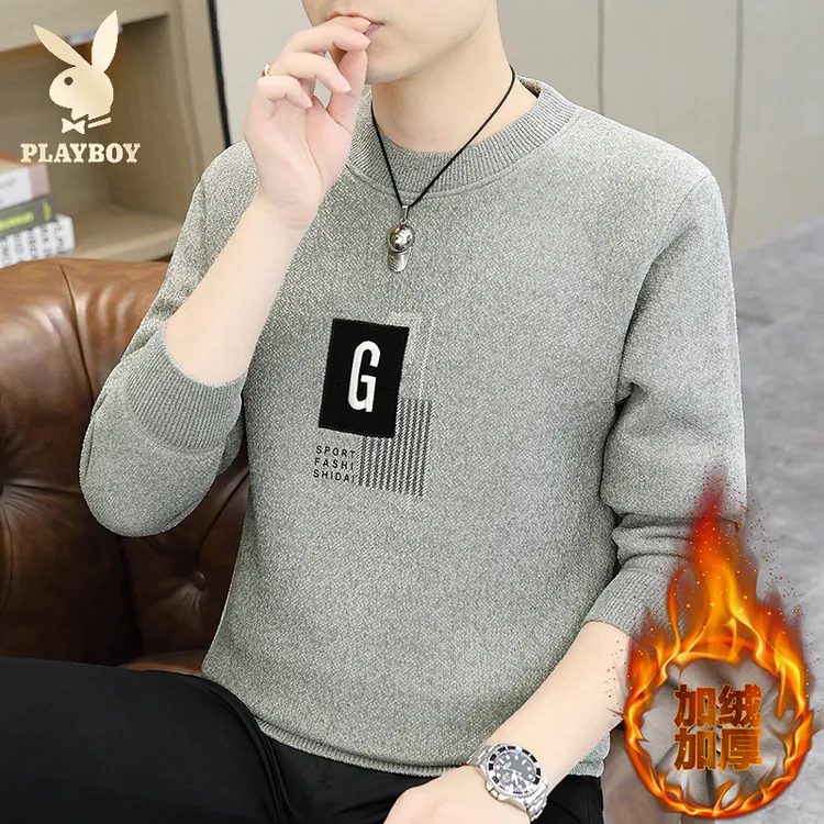 花花公子圆领加绒毛衣男士加绒保暖针织半衫针织衫休闲加厚卫衣