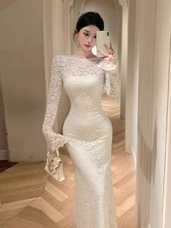 法式白色长袖蕾丝连衣裙女早秋冬高级御姐收腰气质包臀鱼尾长裙子