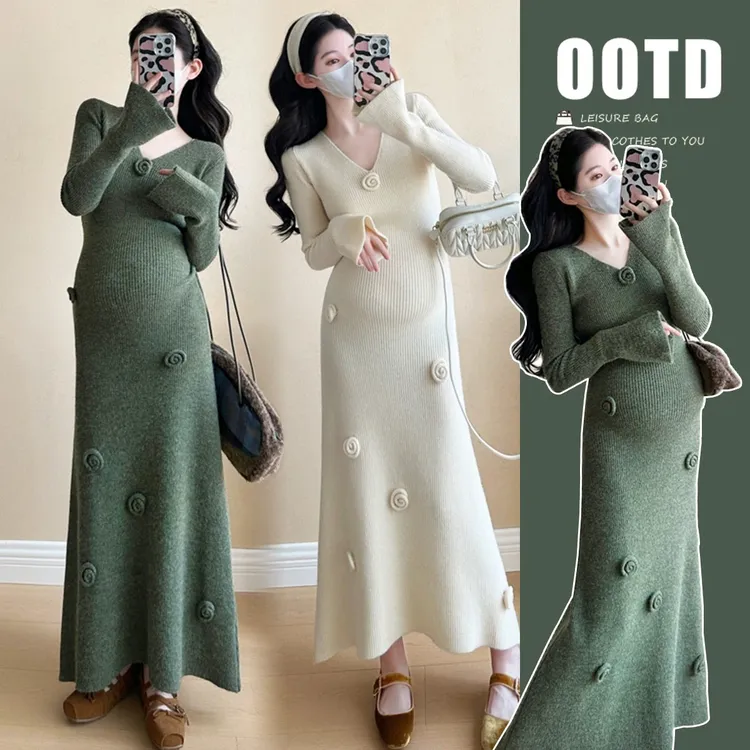 孕妇连衣裙辣妈秋冬新款长袖针织裙重工花朵气质孕妇连衣裙长裙女