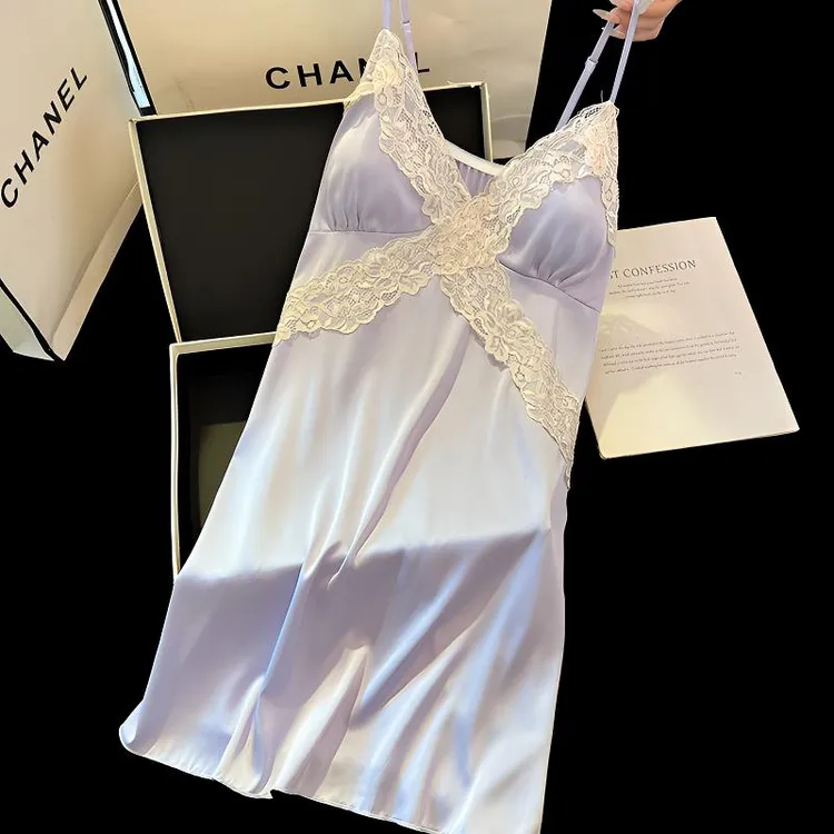 新款性感睡袍长款女士纯色春夏季花边蕾丝网红吊带睡裙女中长款