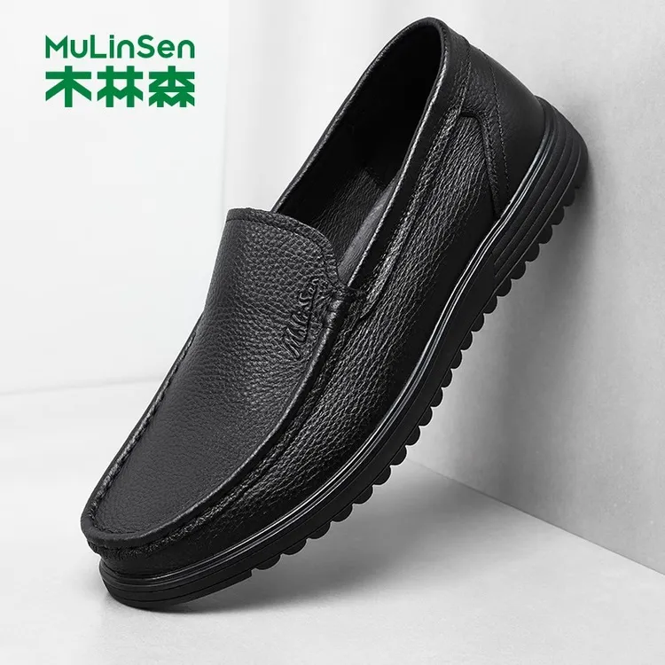 木林森男鞋秋季头层牛皮真皮商务皮鞋男一脚蹬套脚爸爸鞋开车专用