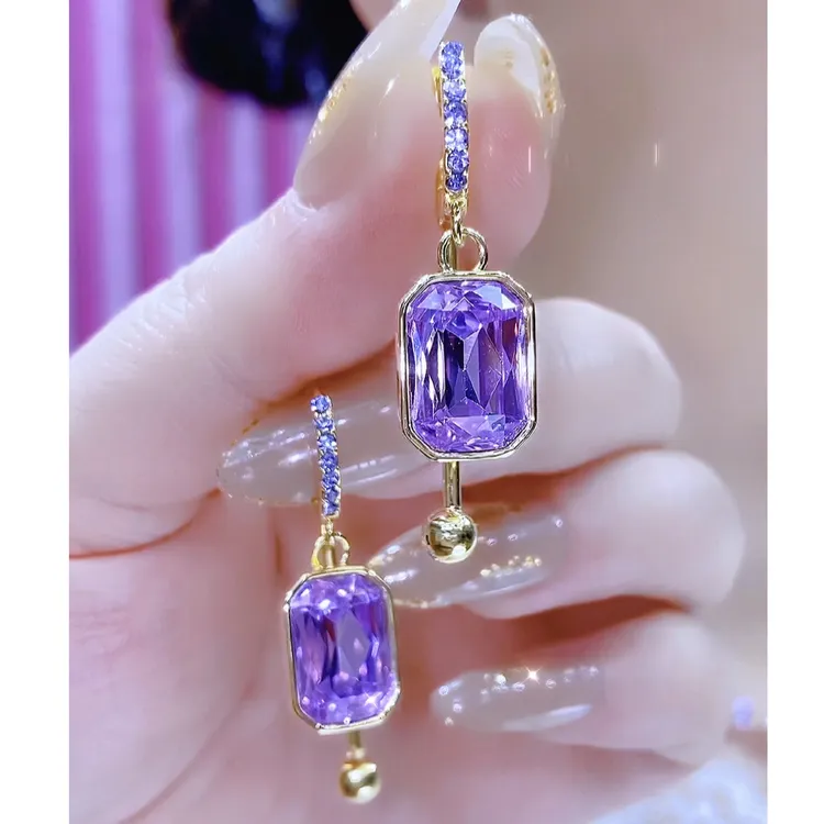 铜合金合成锆石耳饰 小众时尚气质轻奢紫色长款百搭方糖精致耳环