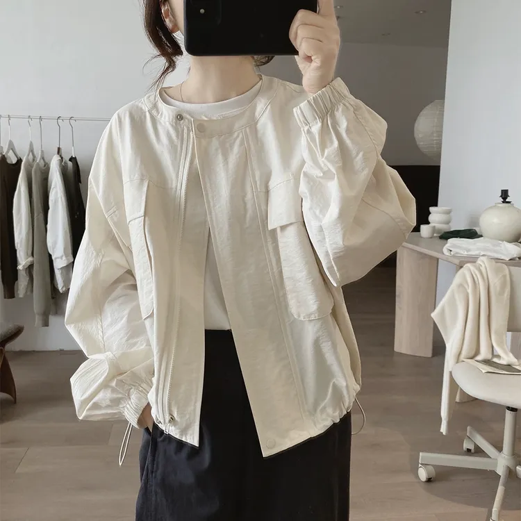 春秋新款圆领薄外套女式宽松显瘦韩版简约百搭设计感减龄口袋上衣