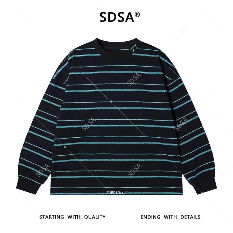SDSA男士秋冬新款痞帅男装潮牌撞色条纹磨毛圆领T恤领口刺绣百搭