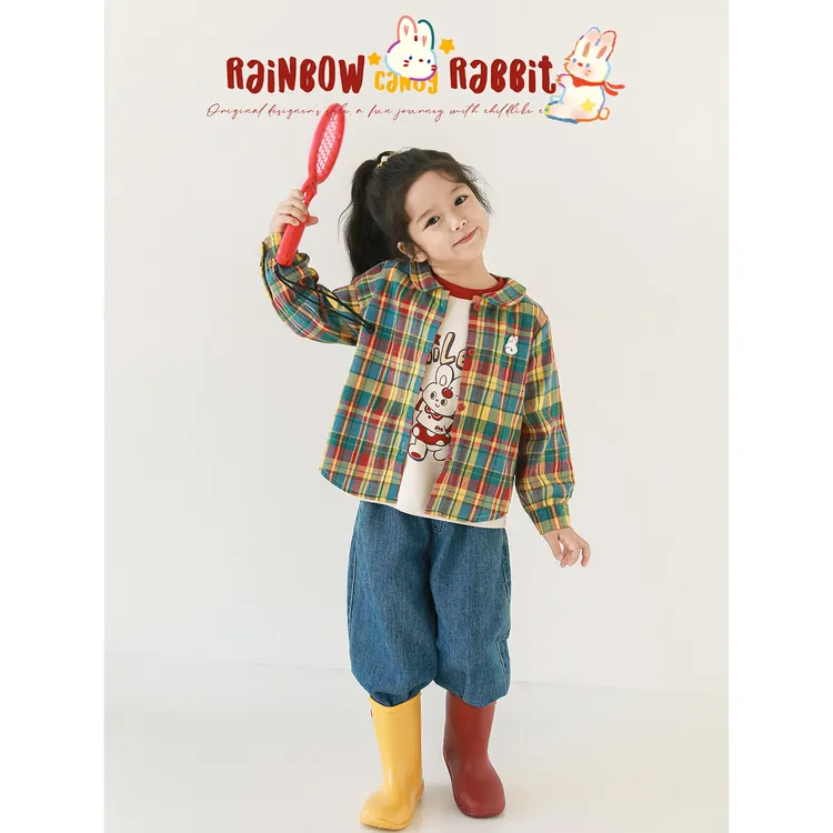 YOEHYAUL/幼悠幼悠【彩虹糖块】秋叁波色织格磨毛感娃娃领衬衫Q4420