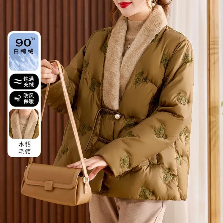 雅鹿新中式妈妈冬装90白鸭绒羽绒服2025新款中老年女国风加厚保暖