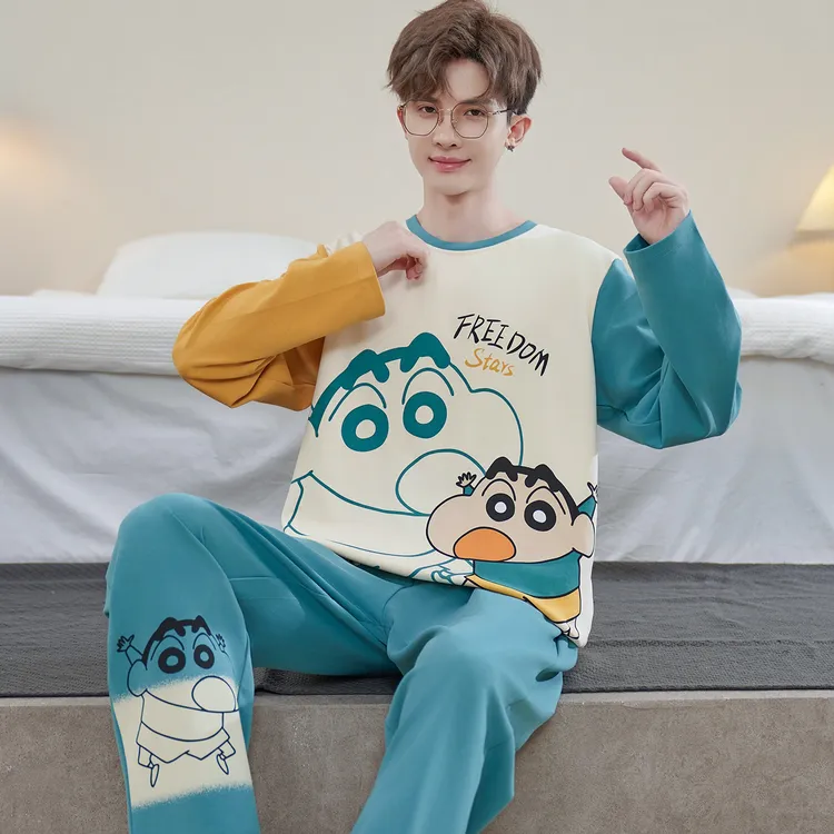 卡通睡衣男士春秋季长袖纯棉薄款加大码宽松可外穿家居服套装秋冬