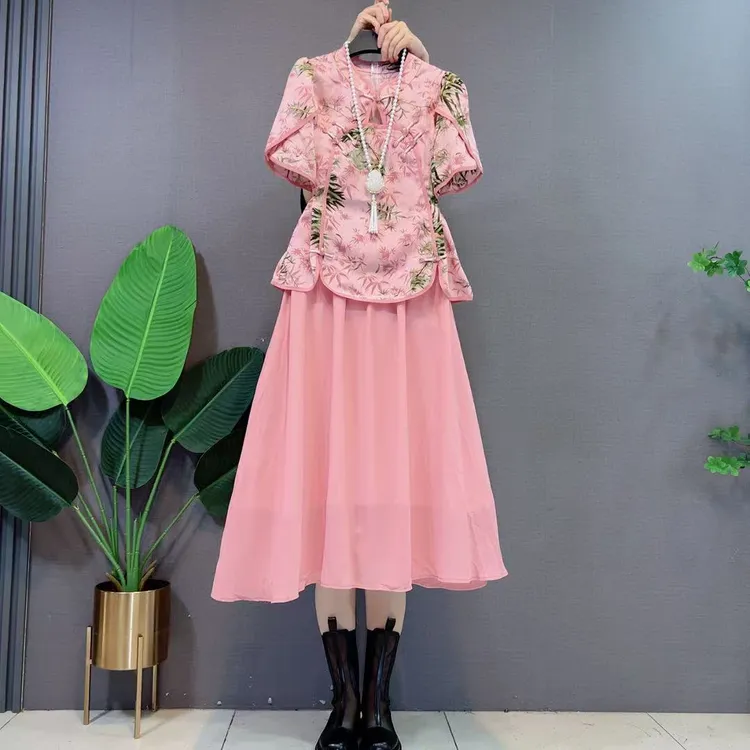 欧货不规则盘扣短袖上衣半身裙套装夏季胖妹妹国风时尚两件套