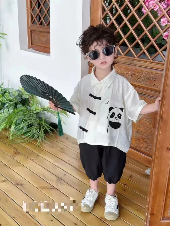 条纹字母夏季女薄款男中国风套装男孩休闲童装男童