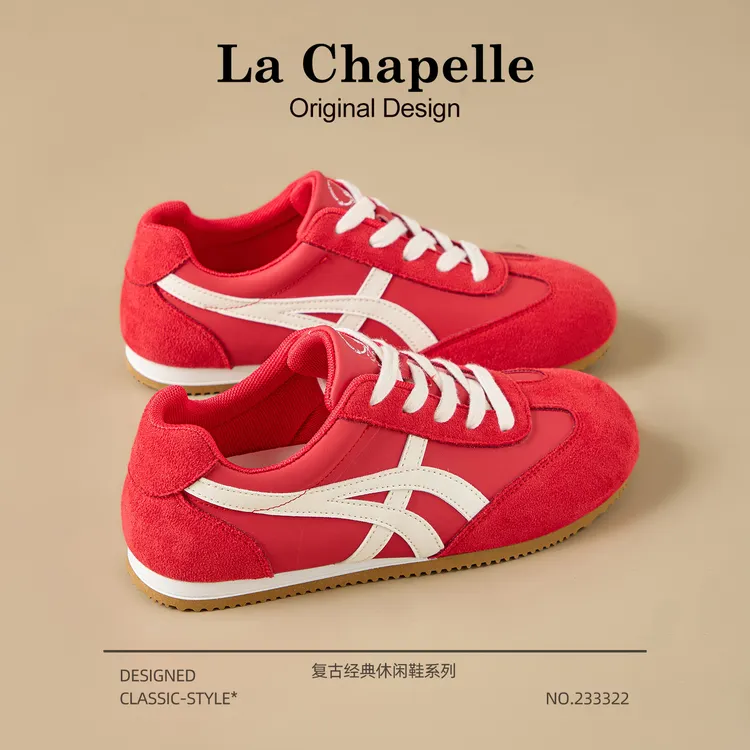 拉夏贝尔德训鞋女2025秋季新款红色复古松糕底显脚小低帮美式板鞋