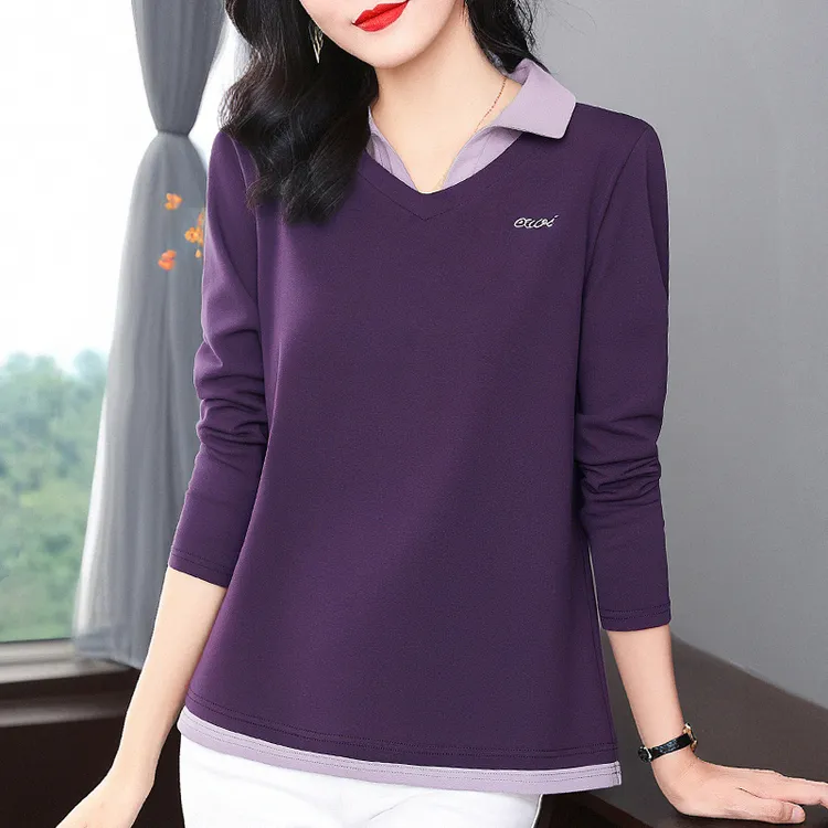 芳妮诗长袖t恤女新款秋装大码女士假两件撞色休闲上衣百搭polo衫