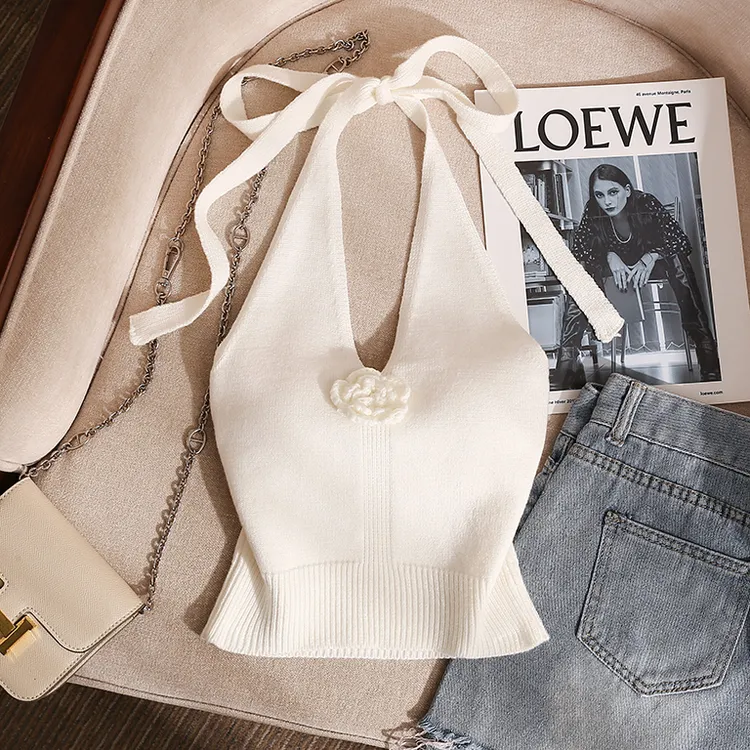 法式甜辣妹花朵挂脖吊带背心女内搭外穿美背短款打底抹胸针织上衣