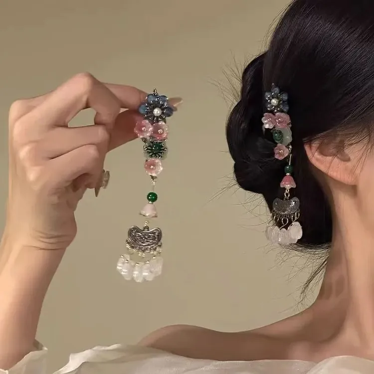 新中式花朵长流苏发夹侧边刘海夹复古汉服配饰发饰女手工气质可爱