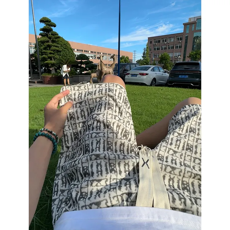 白色扎染短裤男夏季薄款美式休闲五分裤子吸汗透气过膝沙滩运动裤
