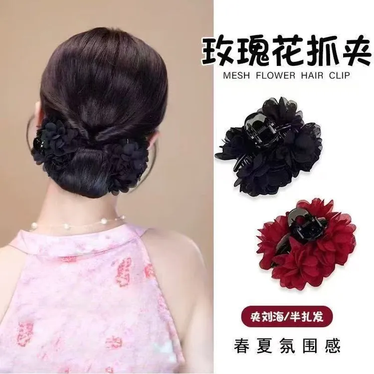 哈韩宅物玫瑰花抓夹盘发头花刘海侧边夹法式慵懒感半扎发卡