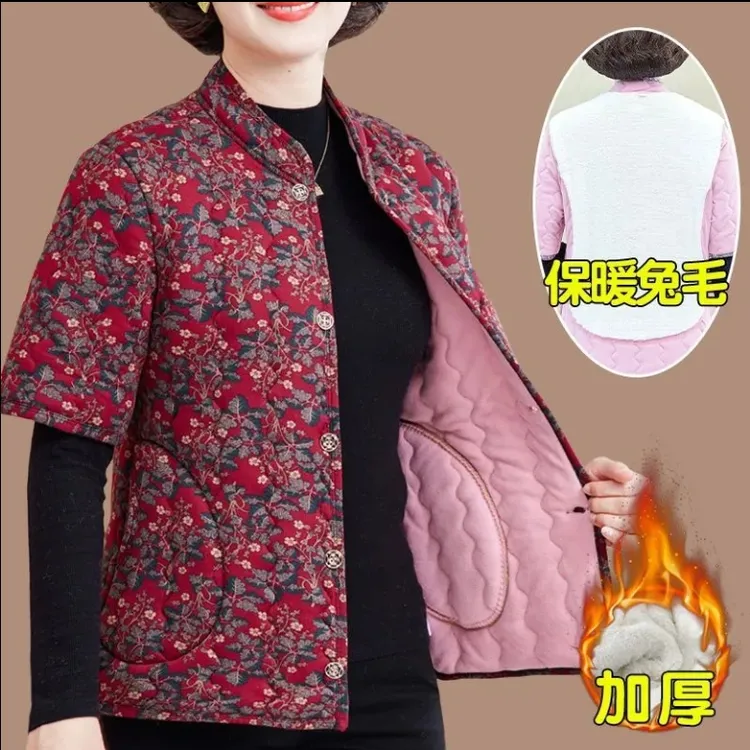 中老年女新款半袖棉马甲加绒短袖棉衣冬季新款大码坎肩加厚棉衣女