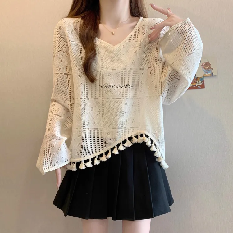 2025夏季新款潮流女装胖mm流苏镂空长袖针织罩衫背心吊带上衣套装