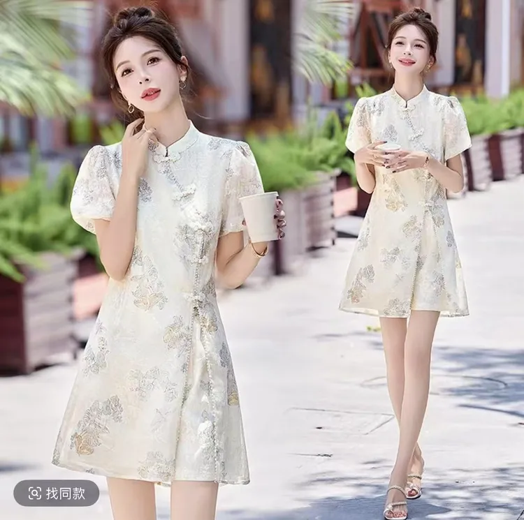 新中式旗袍裙套装女2025夏新款国风提花盘扣钉珠高级感短裤两件套