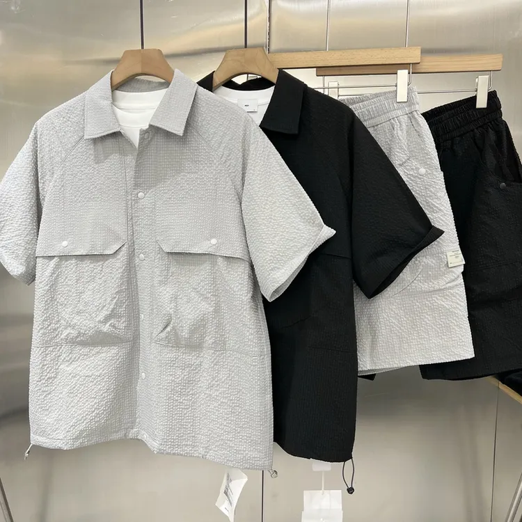 夏季新款工装短袖衬衫短裤套装男士高级感美式痞帅潮流休闲两件套