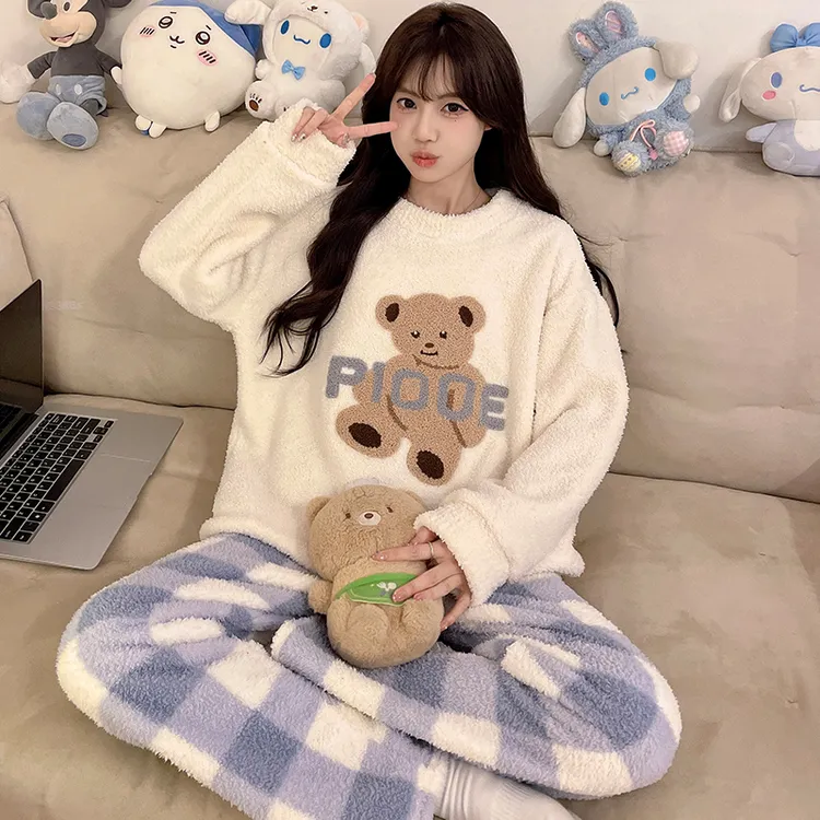 新款秋冬可爱小熊半边绒睡衣加厚保暖减龄可爱舒适女长袖套装2883