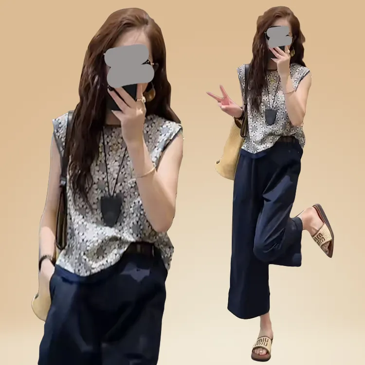 印花设计感无袖背心纯色休闲裤套装女生2025年夏季新款潮流两件套
