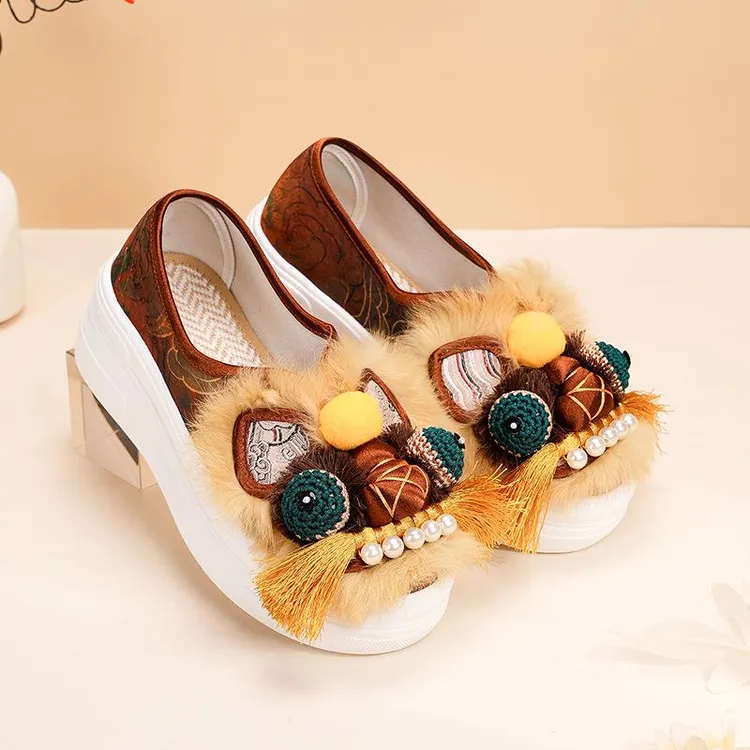 传统成人真毛虎头鞋非遗纯手工汉服鞋老北京布鞋女鞋秋季厚底单鞋