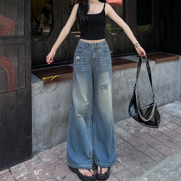 小个子辣妹美式破洞直筒牛仔裤女薄款2025秋季高腰显瘦窄版阔腿裤
