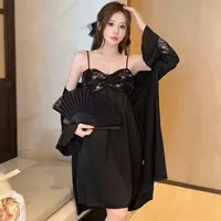 高级感睡衣夏季2025新款古风春秋薄款刺绣拼接长裙睡袍家居服套装