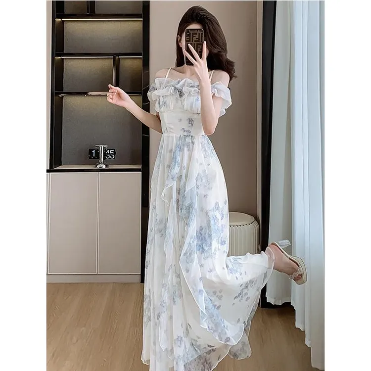 doumpp实拍海边度假吊带裙法式荷叶边沙滩连衣裙氛围感长裙飘逸仙