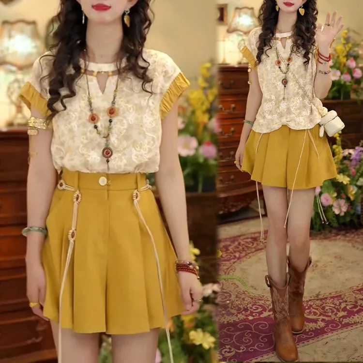 复古提花衬衫高腰休闲短裤套装女2025年夏季新款小众洋气两件套潮