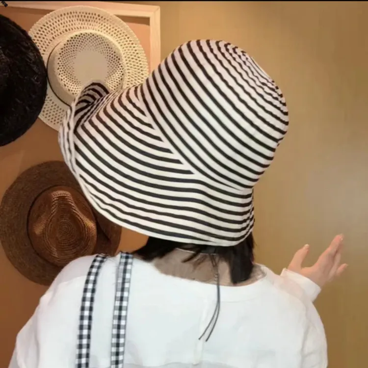 包邮韩版夏季户外出游时尚百搭条纹大帽檐帽子渔夫帽女可卷太阳帽
