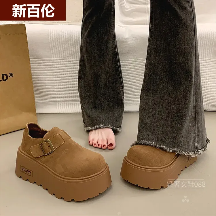 新百伦小个子厚底勃肯鞋女款2025冬加绒大头丑萌一脚蹬乐福鞋单鞋