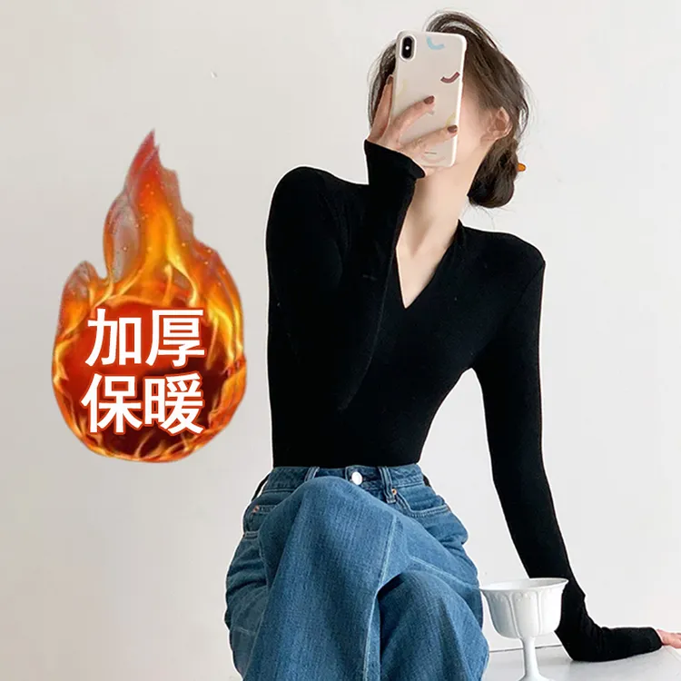 德绒加厚黑色上衣女v领打底衫秋冬季保暖内搭收腰紧身长袖T恤女装