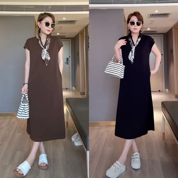 水木夫妻 "莫妮卡"丝巾法式夏季气质显瘦Polo领连衣裙