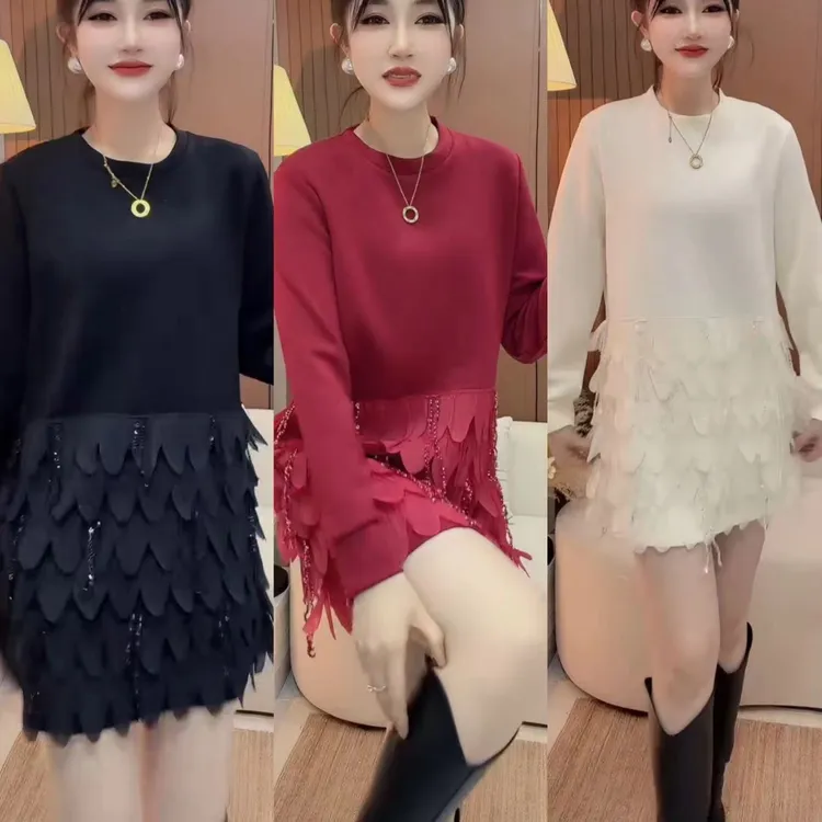 冬季气质套头款荷叶边女装圆领时尚秋季连衣裙