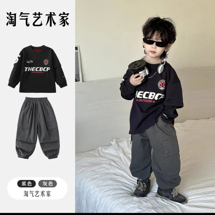 男童春装T恤小男孩韩版假两件打底衫宝宝春秋款上衣儿童潮流童装
