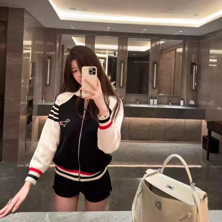 学院风tb小狗拼色棒球服拉链针织开衫毛衣短外套秋装加厚休闲夹克