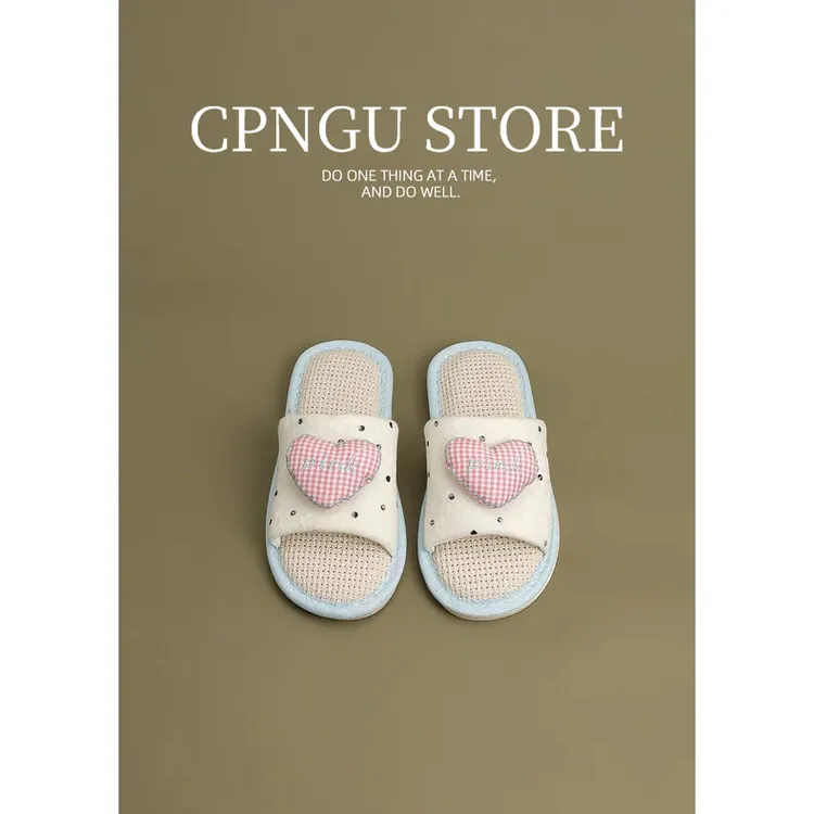 CPNGU 可爱爱心波点亚麻拖鞋女2025新款四季软底透气防滑外穿凉拖