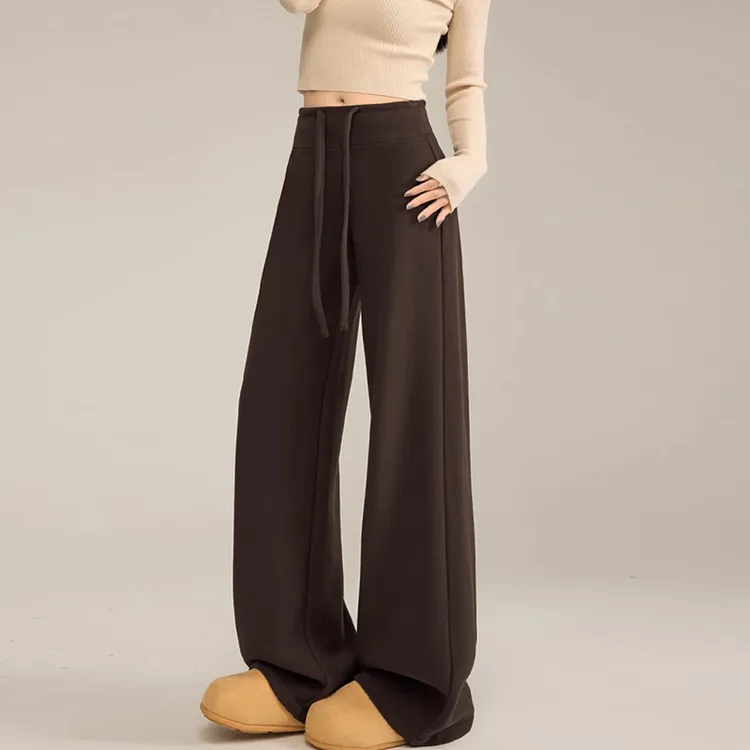 咖色糯米裤女秋冬毛呢加绒高腰垂感瑜伽直筒休闲面膜运动阔腿卫裤