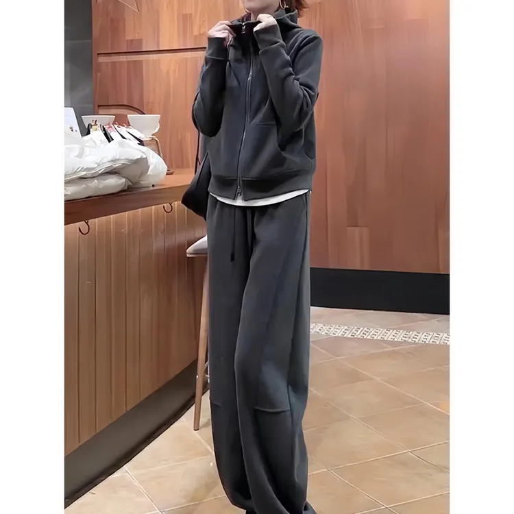 韩版高级感休闲运动套装女秋季松弛感灰色连帽卫衣阔腿裤两件套潮