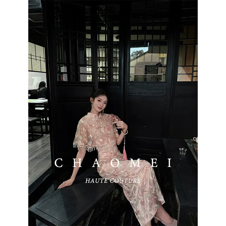 冯（CHAOMEI【桃华】新中式国风女装高级感轻奢蕾丝绣花料连衣裙披肩