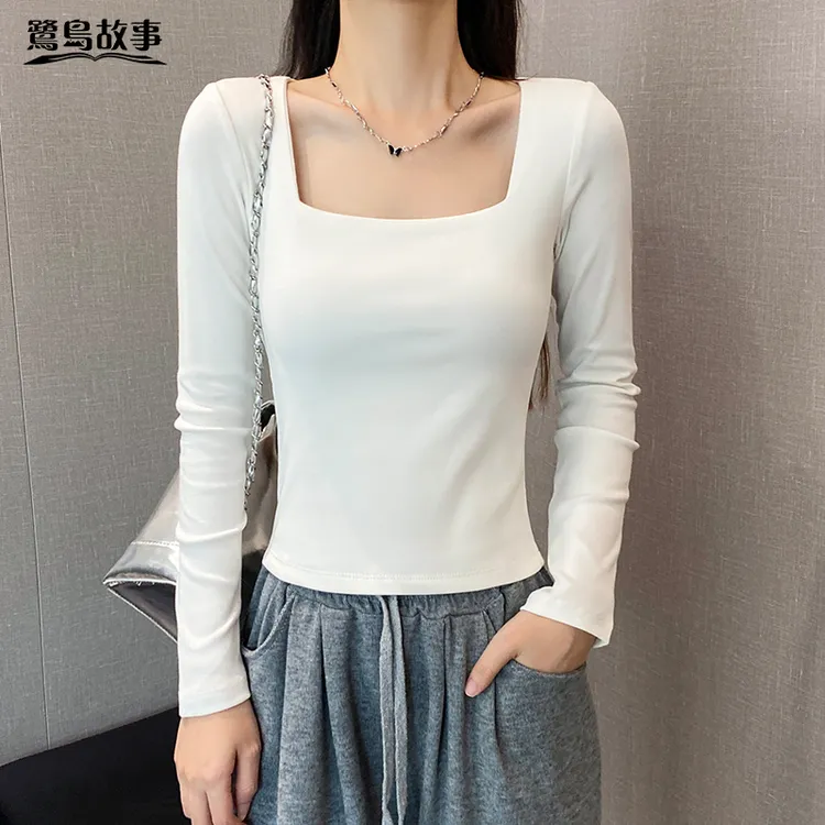 鹭岛故事白色方领长袖t恤女春秋2025新款内搭修身打底衫显瘦上衣